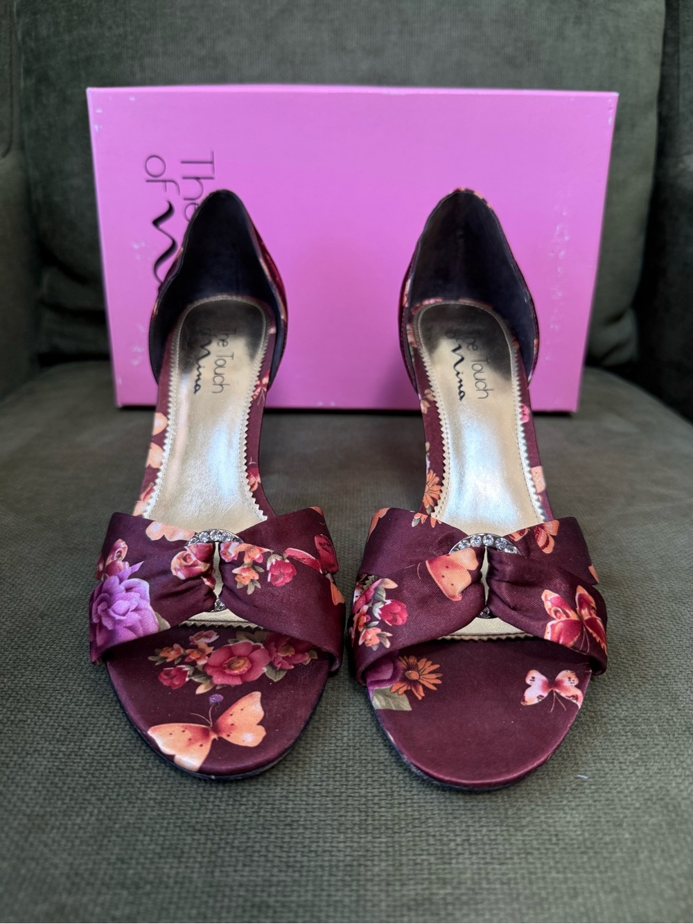 Touch of Nina Melody Brown Satin with  Floral & Butterfly Print Open Toe 9